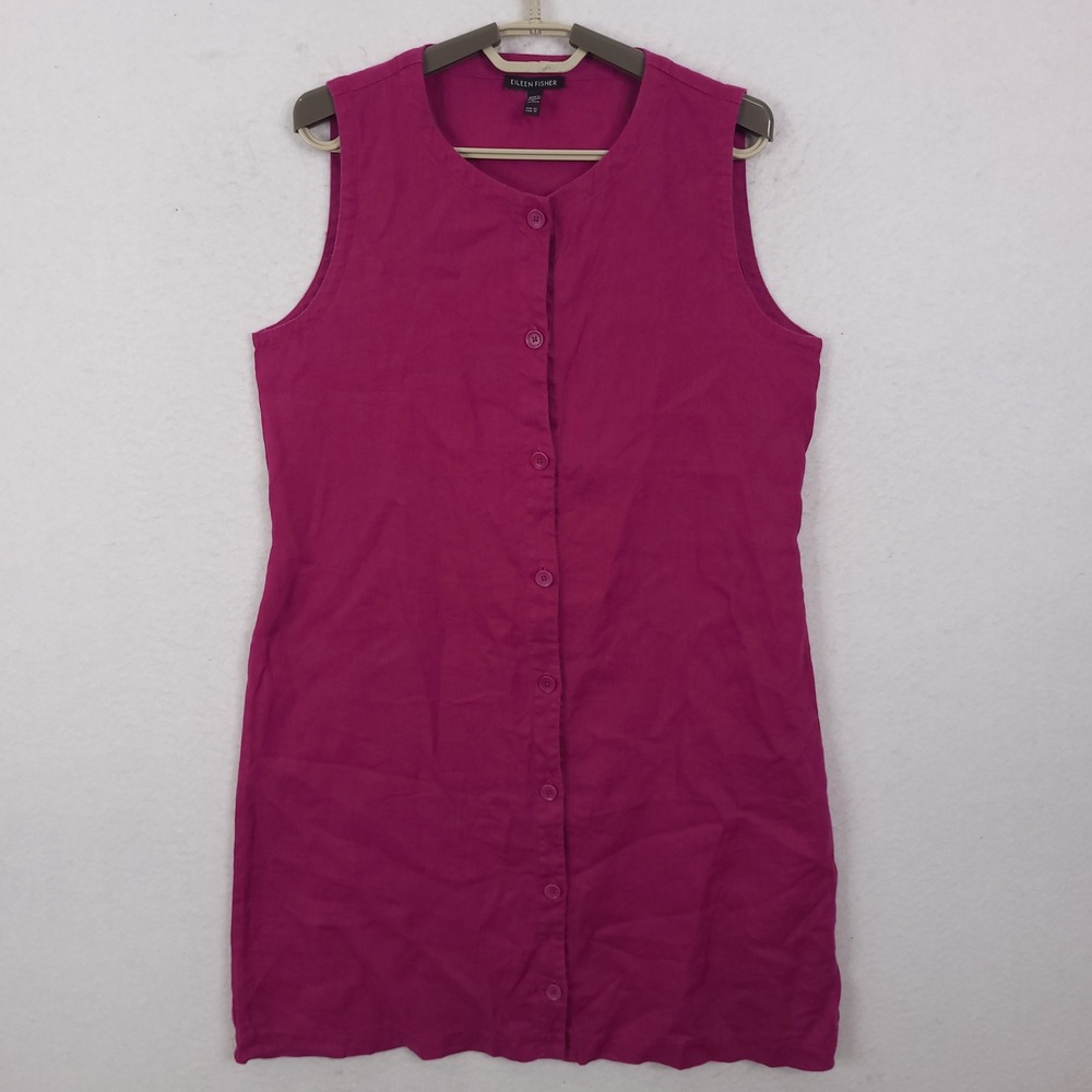 Eileen Fisher Dress Women XS Pink Organic Linen Button Front Tie Back Sleeveless